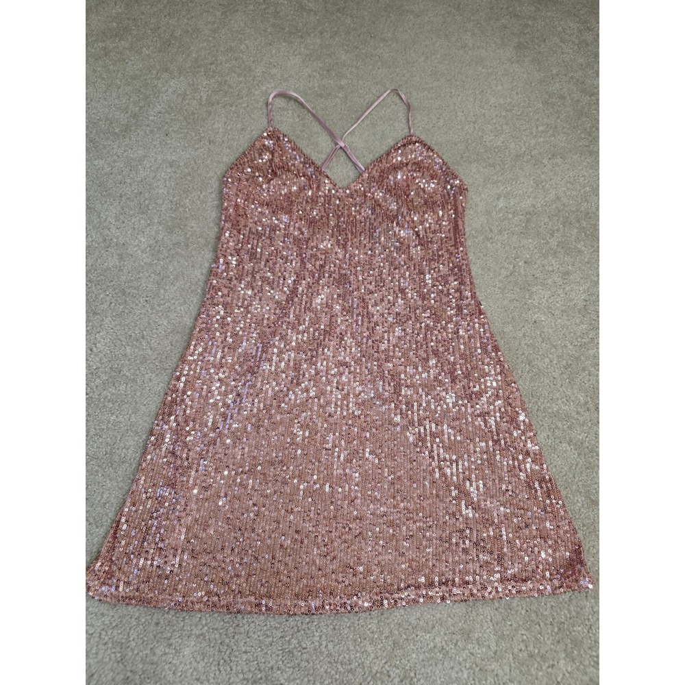 Victorias Secret Rose Gold Sequin Slip Dress V-Neck Cross Back Mini Small